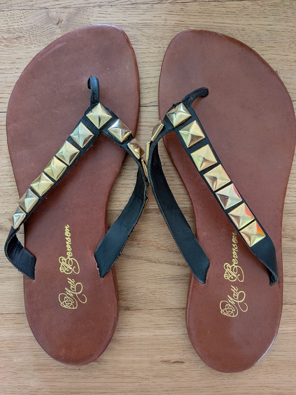 Matt Bernson Black Leather Sandals with Gold Pyramid Studs